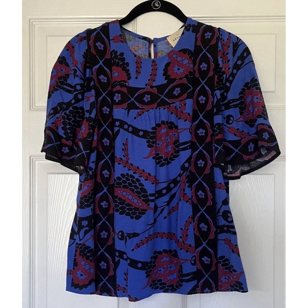 Sezane Lulla Blouse Size 40 US 10 Flare Sleeves Floral Viscose S231BLO032B